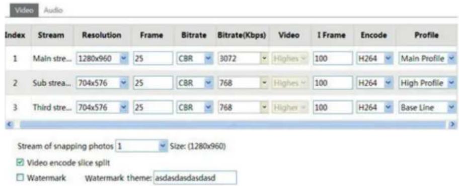 Video Audio Index Stream Resolution Frame Bitrate Bitrate(Kbps) Video I Frame Encode Profile 1 Main stre... 1280x960 25 CBR 3072 Highes 100 H264 Main Profile 2 Sub strea... 704x576 25 CBR 768 Highes 100 H264 High Profile 3 Third stre... 704x576 25 CBR 768 Higher 100 H264 Base Line Stream of snapping photos 1 Size: (1280x960) ✓ Video encode slice split □ Watermark Watermark theme: asdasdasdasdasd