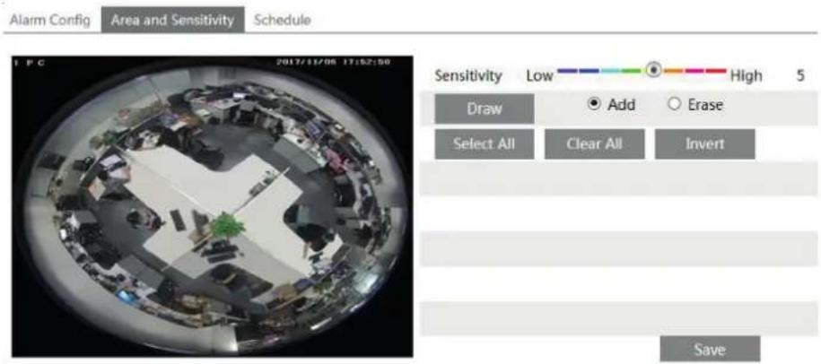 Alarm Config Area and Sensitivity Schedule I P C 2017/11/06 17:52:50 Sensitivity Low High 5 Draw Add Erase Select All Clear All Invert Save