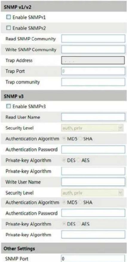 SNMP v1/v2 Enable SNMPv1 Enable SNMPv2 Read SNMP Community Write SNMP Community Trap Address Trap Port 0 Trap community SNMP v3 Enable SNMPv3 Read User Name Security Level auth, priv Authentication Algorithm MD5 SHA Authentication Password Private-key Algorithm DES AES Private-key Algorithm Write User Name Security Level auth, priv Authentication Algorithm MD5 SHA Authentication Password Private-key Algorithm DES AES Private-key Algorithm Other Settings SNMP Port 0