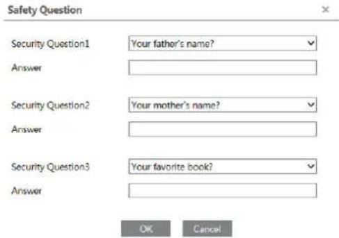 Safety Question Security Question1 Your father's name? Answer Security Question2 Your mother's name? Answer Security Question3 Your favorite book? Answer OK Cancel