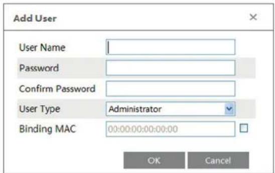 Add User User Name Password Confirm Password User Type Administrator Binding MAC 00:00:00:00:00:00 OK Cancel