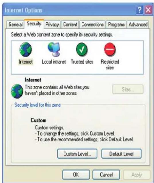 Internet Options General Security Privacy Content Connections Programs Advanced Select a Web content zone to specify its security settings. Internet Local intranet Trusted sites Restricted sites Internet This zone contains all Web sites you haven't placed in other zones Sites... Security level for this zone Custom Custom settings. - To change the settings, click Custom Level. - To use the recommended settings, click Default Level. Custom Level... Default Level OK Cancel Apply
