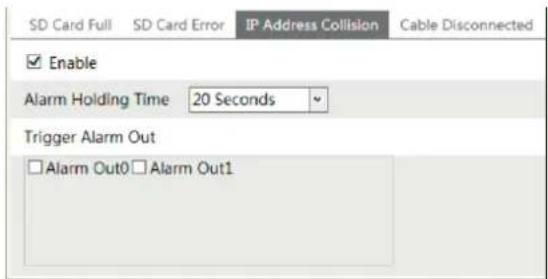 SD Card Full SD Card Error IP Address Collision Cable Disconnected Enable Alarm Holding Time 20 Seconds Trigger Alarm Out □Alarm Out0 □Alarm Out1