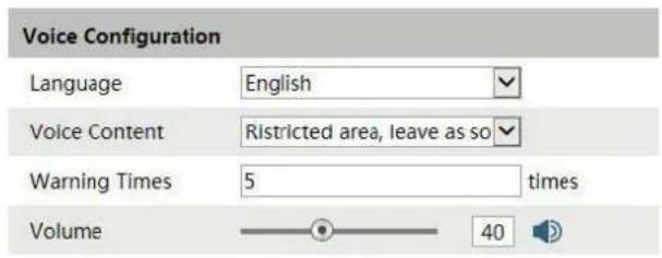 Voice Configuration Language English Voice Content Restricted area, leave as so Warning Times 5 simes Volume 40