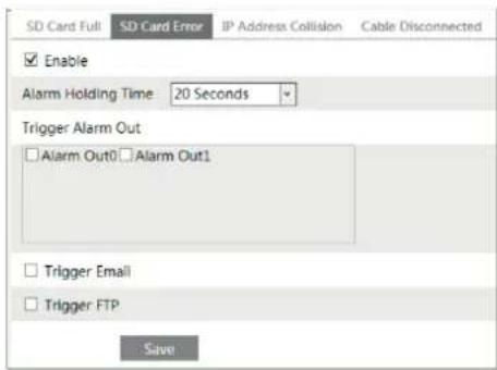 SD Card Full SD Card Error IP Address Collision Cable Disconnected Enable Alarm Holding Time 20 Seconds Trigger Alarm Out Alarm Out0 Alarm Out1 Trigger Email Trigger FTP Save