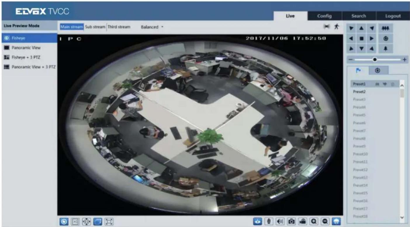 ETVGX TVCC Live Preview Mode Main stream Sub stream Third stream Balanced Fisheye Panoramic View Fisheye + 3 PTZ Panoramic View + 3 PTZ IPC 2017/11/06 17:52:50 Live Config Search Logout Preset1 Preset2 Preset3 Preset4 Preset5 Preset6 Preset7 Preset8 Preset9 Preset10 Preset11 Preset12 Preset13 Preset14 Preset15 Preset16 Preset17 Preset18