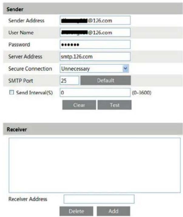 Sender Sender Address @126.com User Name @126.com Password •••••• Server Address smtp.126.com Secure Connection Unnecessary SMTP Port 25 Default Send Interval(S) 0 (0-3600) Clear Test Receiver Receiver Address Delete Add