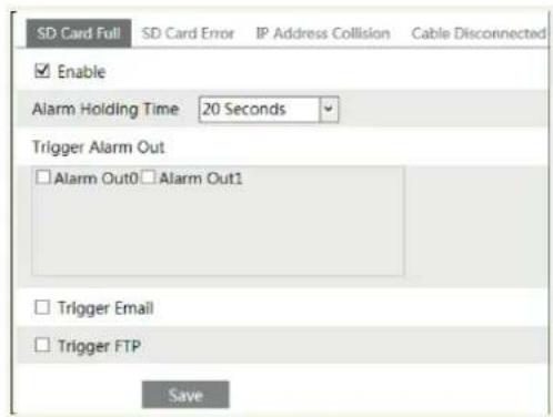 SD Card Full SD Card Error IP Address Collision Cable Disconnected Enable Alarm Holding Time 20 Seconds Trigger Alarm Out Alarm Out0 Alarm Out1 Trigger Email Trigger FTP Save