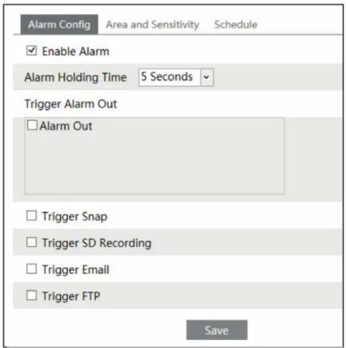 Alarm Config Area and Sensitivity Schedule Enable Alarm Alarm Holding Time 5 Seconds Trigger Alarm Out Alarm Out Trigger Snap Trigger SD Recording Trigger Email Trigger FTP Save