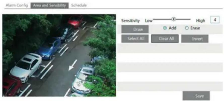 Alarms Config Area and Sensitivity Schedule Sensitivity Low High 4 Draw Add Erase Select All Clear All Invert Save