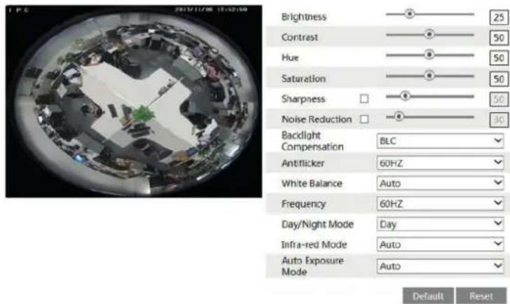 Brightness Contrast Hue Saturation Sharpness Noise Reduction Backlight Compensation BLC Antiflicker 60HZ White Balance Auto Frequency 60HZ Day/Night Mode Day Infra-red Mode Auto Auto Exposure Mode Auto Default Reset
