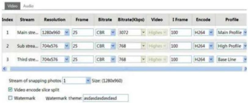 Video Audio Index Stream Resolution Frame Bitrate Bitrate(Kbps) Video I Frame Encode Profile 1 Main stre... 1280x960 25 CBR 3072 Higher 100 H264 Main Profile 2 Sub strea... 704x576 25 CBR 768 Higher 100 H264 High Profile 3 Third stre... 704x576 25 CBR 768 Higher 100 H264 Base Line Stream of snapping photos 1 Size: (1280x960) ✓ Video encode slice split □ Watermark Watermark theme: asdasdasdasdasd