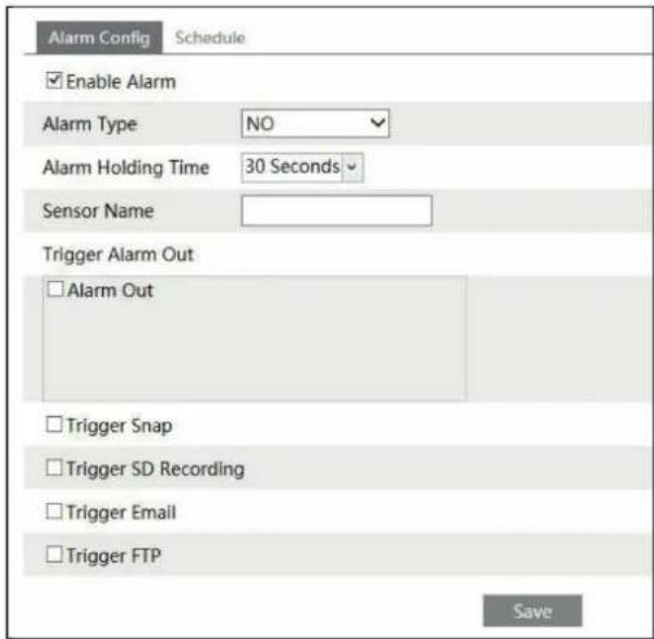Alarm Config Schedule Enable Alarm Alarm Type NO Alarm Holding Time 30 Seconds Sensor Name Trigger Alarm Out Alarm Out Trigger Snap Trigger SD Recording Trigger Email Trigger FTP Save