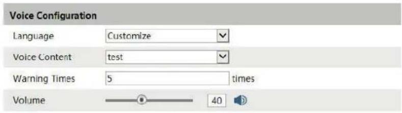 Voice Configuration Language Customize Voice Content test Warning Times 5 times Volume 40