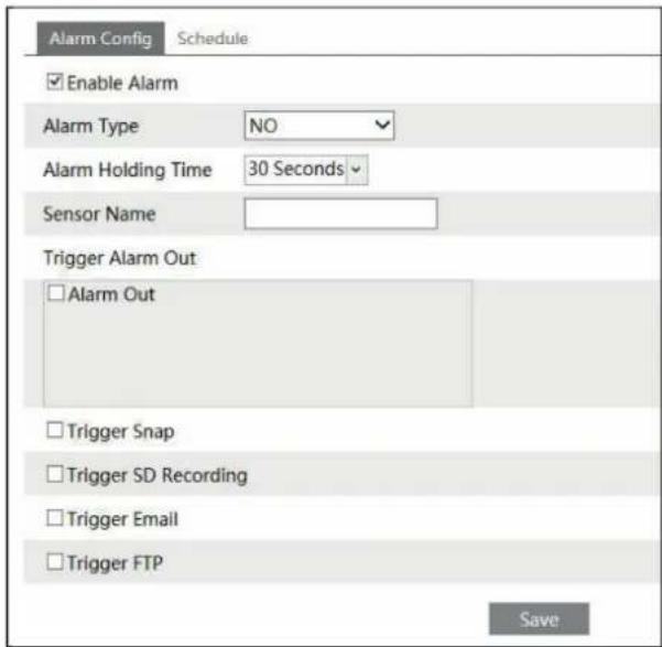 Alarm Config Schedule Enable Alarm Alarm Type NO Alarm Holding Time 30 Seconds Sensor Name Trigger Alarm Out Alarm Out Trigger Snap Trigger SD Recording Trigger Email Trigger FTP Save