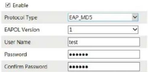Enable Protocol Type EAP_MD5 EAPOL Version 1 User Name test Password ••••••• Confirm Password ••••••••