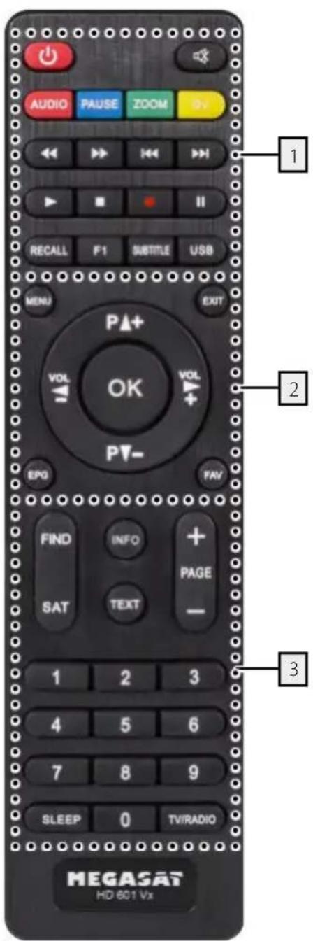 AUDIO PAUSE ZOOM RECALL F1 SUBTITLE USB MENU OK P+VOL PV- EXIT FIND INFO PAGE SAT TEXT 1 2 3 4 5 6 7 8 9 SLEEP 0 TV/RADIO MEGASAT HD 601 Vx