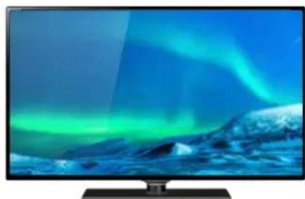 Modern flat-screen TV displaying a vibrant blue and green aurora over water, no visible text or symbols.