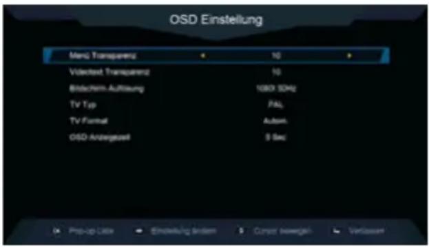 OSD Einstellung MNC Transparency 10 Video Streaming 10 Bisobehm-Auführung 1000 MHz TV Typ PAL TV Format Autom OSD-Analogust 9 Sec Prop-up Lite Einsteuig Initem Curser bewegeln Verlassen