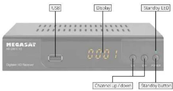 USB Display Standby LED MEGASAT HD 200 C V2 Digital HD Receiver 0.0.01 CH- CH- POWER Channel up / down Standby button