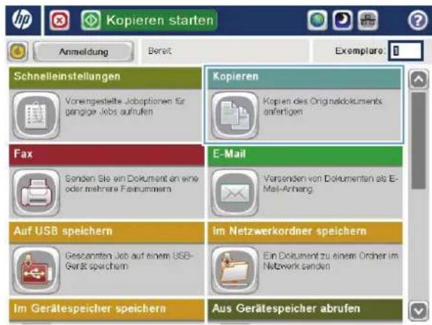 Anmeldung Bereit Exemplare Schnelleinstellungen Vonengestellte Joboptionen für gangige Jobs aufrufen Kopieren Kopien des Originaldokuments anfertigen Fax E-Mail Senden Sie ein Dokument an eine oder mehrere Fisurmmern Versenden von Dokumenten als E- Mail-Anhang Auf USB speichern Im Netzwerkordner speichern Gescanten Job auf einem USB- Gerät speichern Ein Dokument zu einem Ornher im Netzwerk senden Im Gerätespeicher speichern Aus Gerätespeicher abrufen