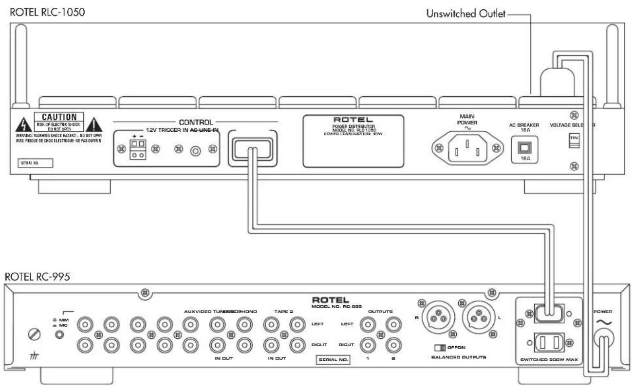 ROTEL RLC-1050 Unswitched Outlet CAUTION RISK OF ELECTRIC SHOCK DO NOT OPEN WARNING: WARNING SHOCK HAZARDS - DO NOT OPEN AXLE: REDUCE DE SHOC ELECTRIOUE - SE PAS OUTPER CONTROL 12V TRIGGER IN AC-LINE-IN ROTEL POWER DISTRIBUTOR MODEL NO. RLC-1050 POWER CONSUMPTION: 40W MAIN POWER AC SPEAKER 16A 16A VOLTAGE SELECT R 11% ROTTEL RC-995 ROTTEL MODEL NO. RLC-995 OUTPUTS OFFON BALANCED OUTPUTS POWER ~~ MM MC AUXVIDEO TUNDEDOPHONO TAPE 2 LEFT LEFT RIGHT RIGHT SERIAL NO. IN OUT IN OUT 1 2 SWITCHED 800W MAX