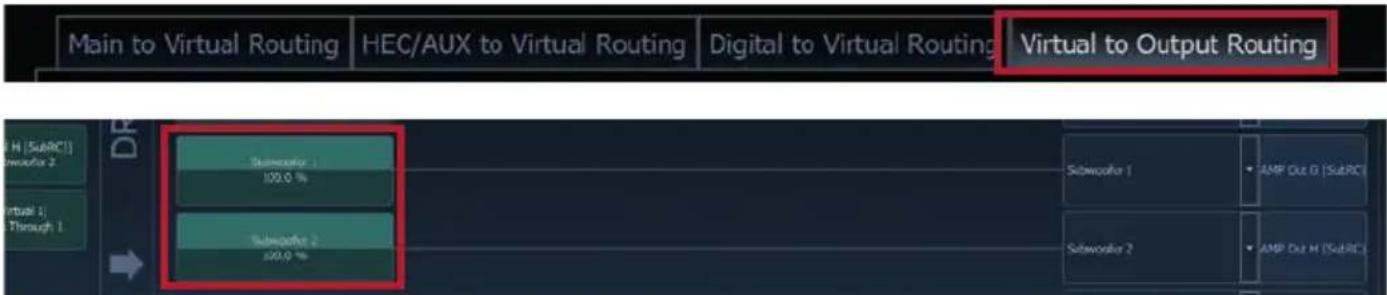 Main to Virtual Routing HEC/AUX to Virtual Routing Digital to Virtual Routing Virtual to Output Routing Subcooter 1 100.0 % Subcooter 2 100.0 % Subcooter 1 AMP Out G (SubRC) Subcooter 2 AMP Out H (SubRC)