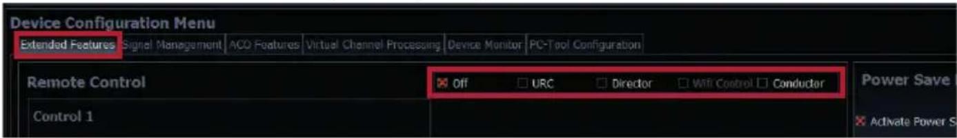 Device Configuration Menu Extended Features Signal Management ACO Features Virtual Channel Processing Device Monitor PC-Tool Configuration Remote Control Off URC Director WRI Control Conductor Control 1 Power Save Activate Power S