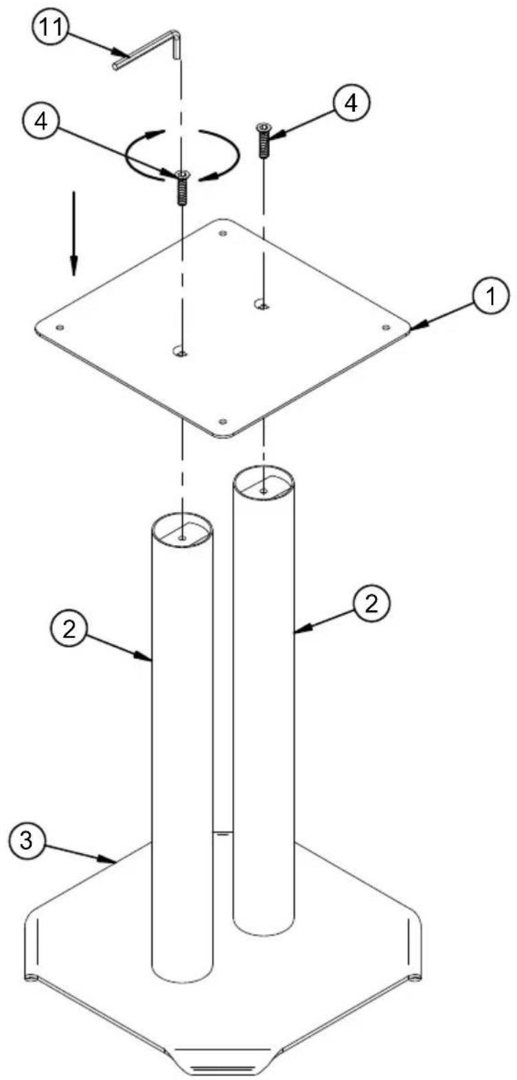 Technical diagram showing a mechanical assembly with numbered components and rotational motion indicators.