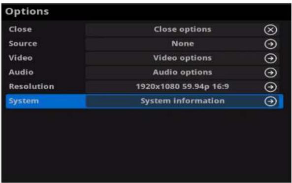 Options Close Close options Source None Video Video options Audio Audio options Resolution 1920x1080 59.94p 16:9 System System Information