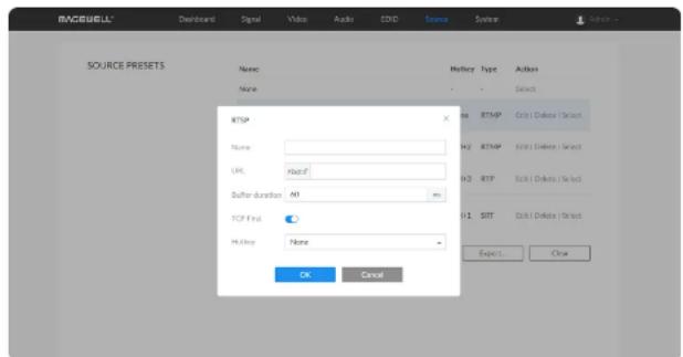 RUSCELL® Dashboard Signal Video Audio COD System System SOURCE PRESETS Name: None RTSP Name: URL: RZSL Buffer duration: 40 TCP First: RTSP None OK Cancel History Type Action - - Select RTSP H2 RTSP H3 RTP H1 SITI Export... Close