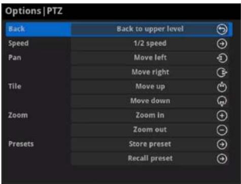 Options | PTZ Back Back to upper level Speed 1/2 speed Pan Move left Move right Tile Move up Move down Zoom Zoom in Zoom out Presets.Store preset Recall preset