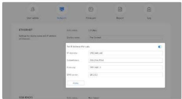 User address Networks Certificate Report Log ETHERNET Selected by device name and IP address of Windows Link status: 10 Mbps Device name: The Connect Set IP Active Markets IP Address: 192.568.1.60 Submitments: 235.253.255.6 Currency: 192.568.1.1 DNS Server: 36.203 Public USB KNOSS USB TCP Mac TCP