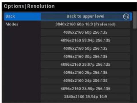 Options | Resolution Back Back to upper level Modes 3840x2160 60p 16:9 (Preferred) 4096x2160 60p 256:135 4096x2160 59.94p 256:135 4096x2160 50p 256:135 4096x2160 30p 256:135 4096x2160 29.97p 256:135 4096x2160 25p 256:135 4096x2160 24p 256:135 4096x2160 23.98p 256:135 3840x2160 59.94p 16:9
