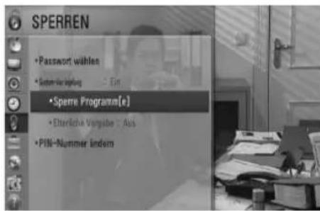 SPERREN • Password wählen • System-Verfügung • Spere Programm[e] • Elterichia Vangabe - Aus • PIn-Nummer indem