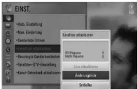 EINST. • Auto, Einstellung • Man, Einstellung • Senderliste Ordnien Kanaliste aktalisieren DTY Progiver 0 RADIO Progiver 0 Data aktalisieren Änderungsliste Schließen
