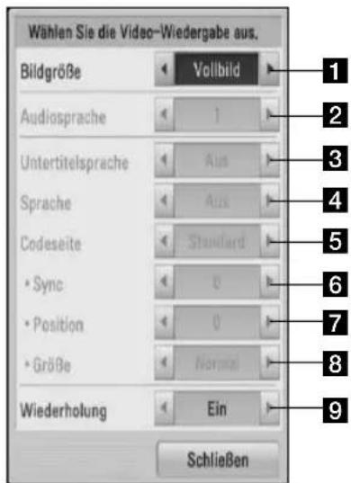 Wählen Sie die Video-Wiedergabe aus. Bildgröße Vollbild Audiosprache 1 Untertitelsprache Aus Sprache Aus Codeseite Standard Sync 0 Position 0 Größe Normal Wiederholung Ein Schließen 1 2 3 4 5 6 7 8 9