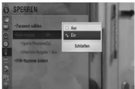 SPERREN • Password wählen • Sperte Ansatz 30% • Sperte Programm(A) • Elter-Sicher Vorgaber | Aus • PIN-Nummer Andem Aus Ein Schließen