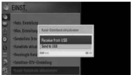 EINST • Auto, Einstellung • Max, Einstellung • Send/Date Orders • Kanaliferte aktual • Bevacuigte Kank • Satellizien-DTV-Einstellung • Send-Demisikov. einstellungen Kurs-Gobberkai aktivasierten Receive from USB Send to USB