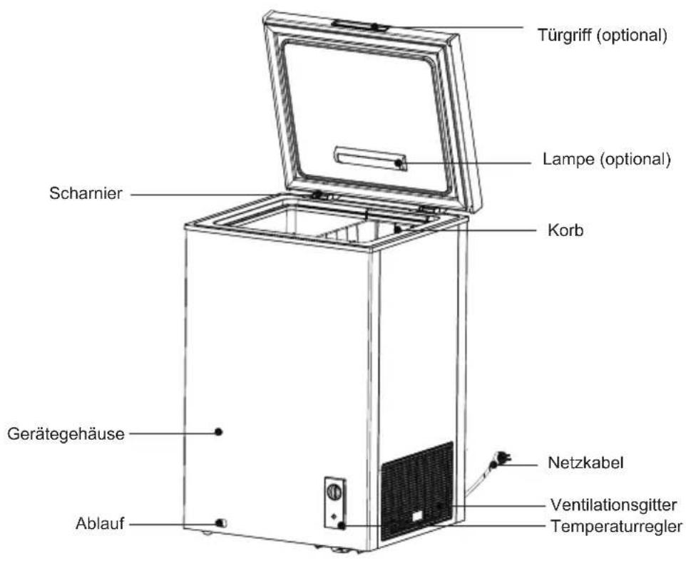 Türgriff (optional) Lampe (optional) Scharnier Korb Gerätegehäuse Ablauf Netzkabel Ventilationsgitter Temperaturregler