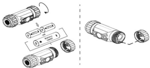 Technical diagram showing exploded and assembled views of a flashlight with labeled components and motion arrows