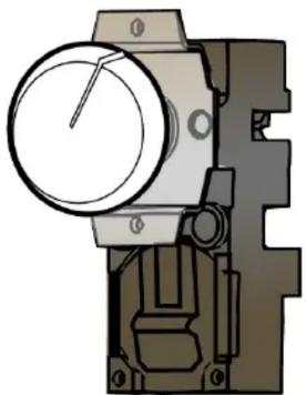 Technical diagram of a mechanical device with a circular dial and mounting bracket (no text or symbols)