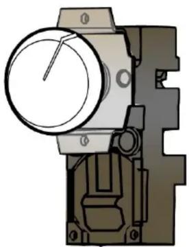 Technical illustration of a mechanical device with a circular dial and mounting bracket (no text or symbols)