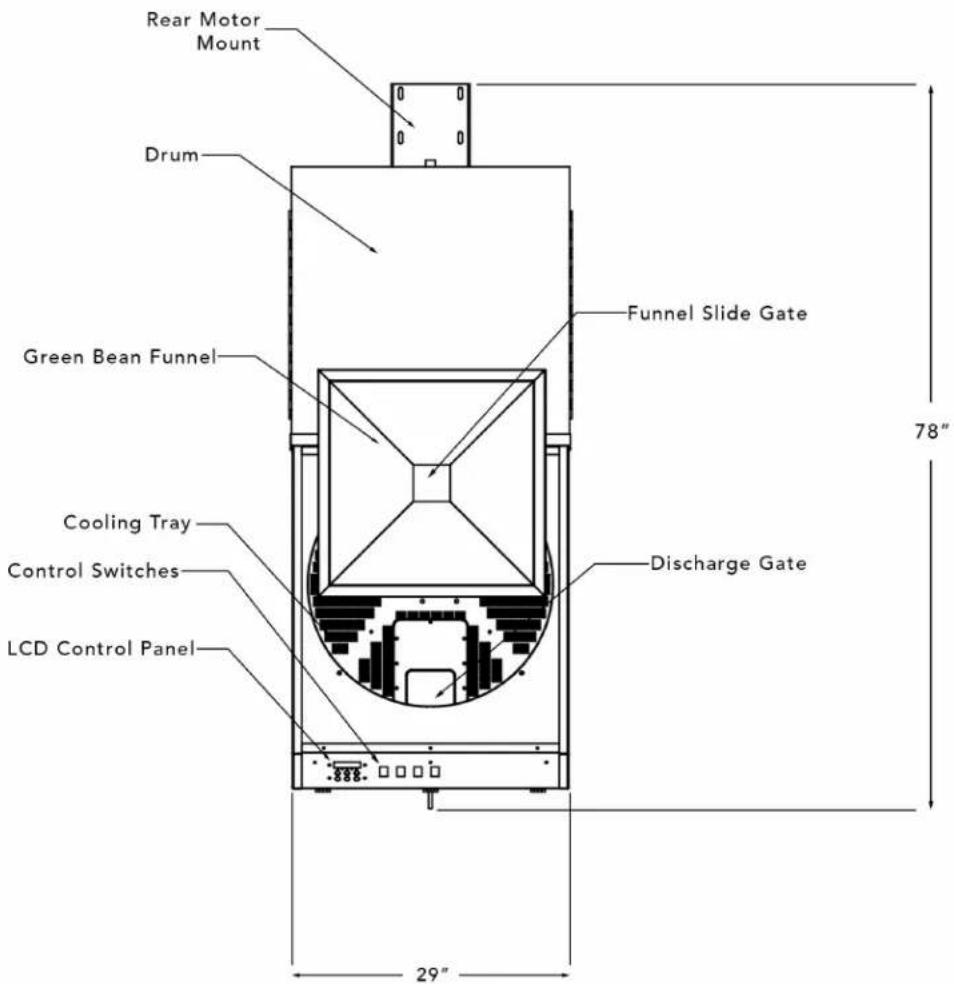 Rear Motor Mount, Drum, Green Bean Funnel, Funnel Slide Gate, 78", Cooling Tray, Control Switches, LCD Control Panel, Discharge Gate, 29"