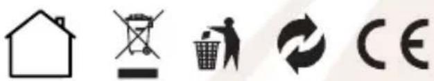 Image displaying five distinct symbols: a house, a crossed-out box, a trash bin, a recycling symbol, and a CE license.