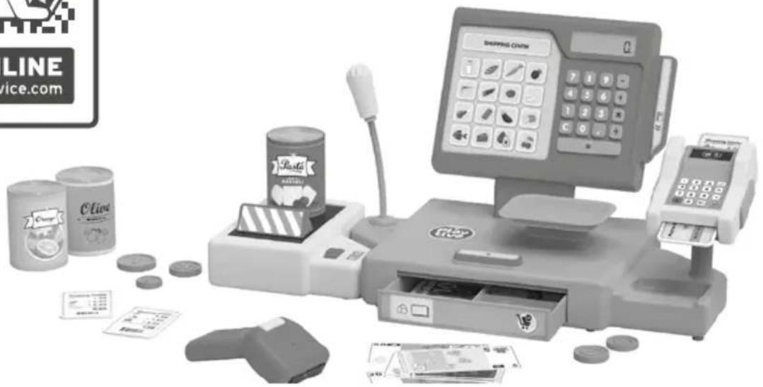 Black-and-white illustration of a coffee POS machine with canisters, payment terminal, and scattered coins (no text or symbols)
