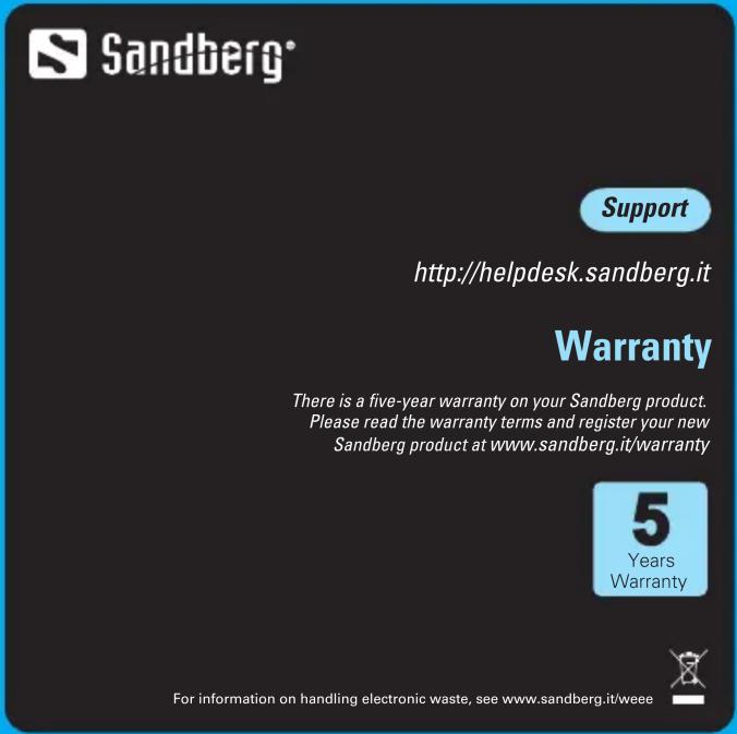 Sandberg® Support http://helpdesk.sandberg.it Warranty There is a five-year warranty on your Sandberg product. Please read the warranty terms and register your new Sandberg product at www.sandberg.it/warranty 5 Years Warranty For information on handling electronic waste, see www.sandberg.it/weee