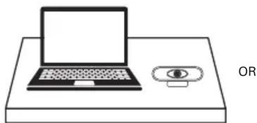 Simple line drawing of a laptop and a webcam on a desk (no text or symbols)