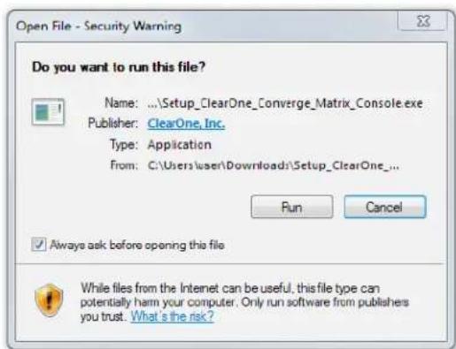 Open File - Security Warning Do you want to run this file? Name: ...\Setup_ClearOne_Converge_Matrix_Console.exe Publisher: ClearOne, Inc. Type: Application From: C:\Users\user\Downloads\Setup_ClearOne_... Run Cancel ✓ Always ask before opening this file While files from the Internet can be useful, this file type can potentially harm your computer. Only run software from publishers you trust. What is the risk?