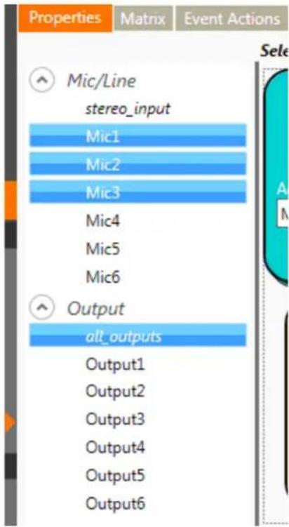 Properties Matrix Event Actions Mic/Line stereo_input Mic1 Mic2 Mic3 Mic4 Mic5 Mic6 Output all_outputs Output1 Output2 Output3 Output4 Output5 Output6